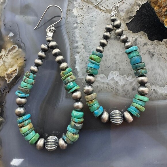Sterling 4-6mm Navajo Pearl Southwester Style& 6mm Turquoise Bead Hoop Earrings - Picture 5 of 10